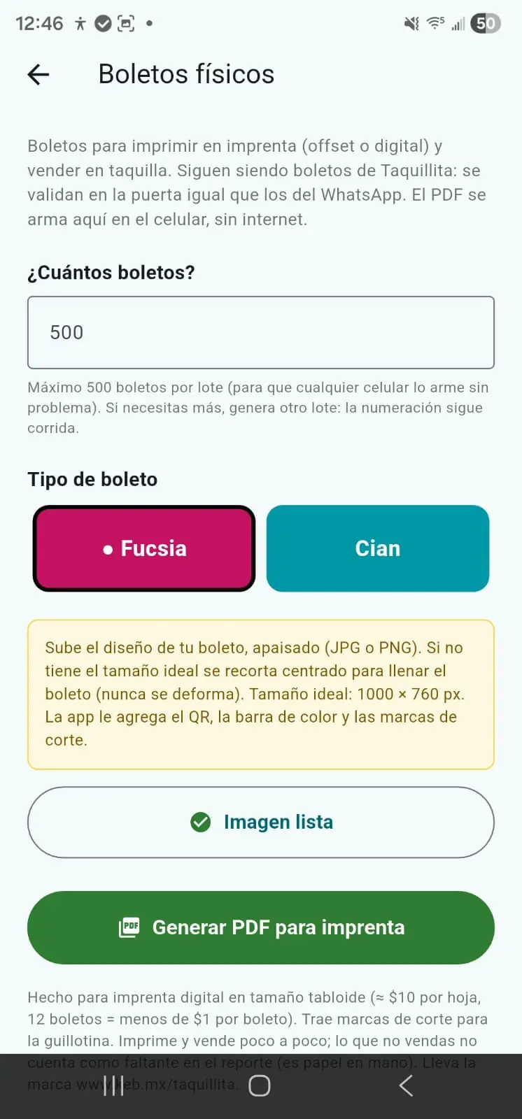 Pantalla de Taquillita para generar boletos impresos: cantidad, color fucsia o cian, y botón Generar PDF para imprenta