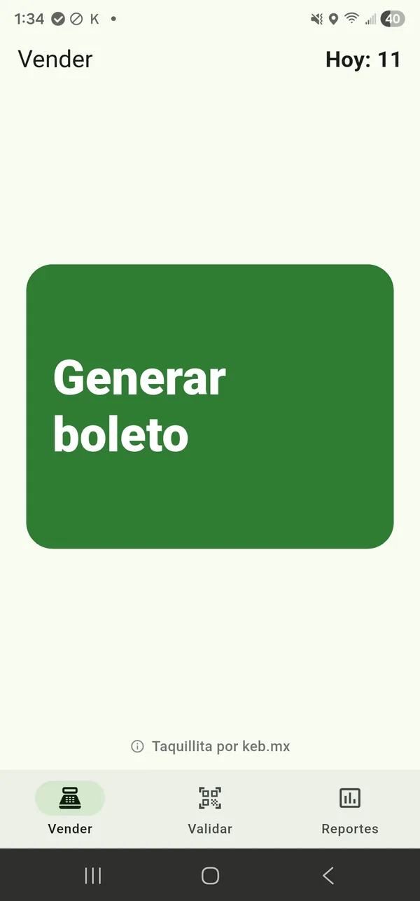 Pantalla Vender con botón grande verde Generar boleto